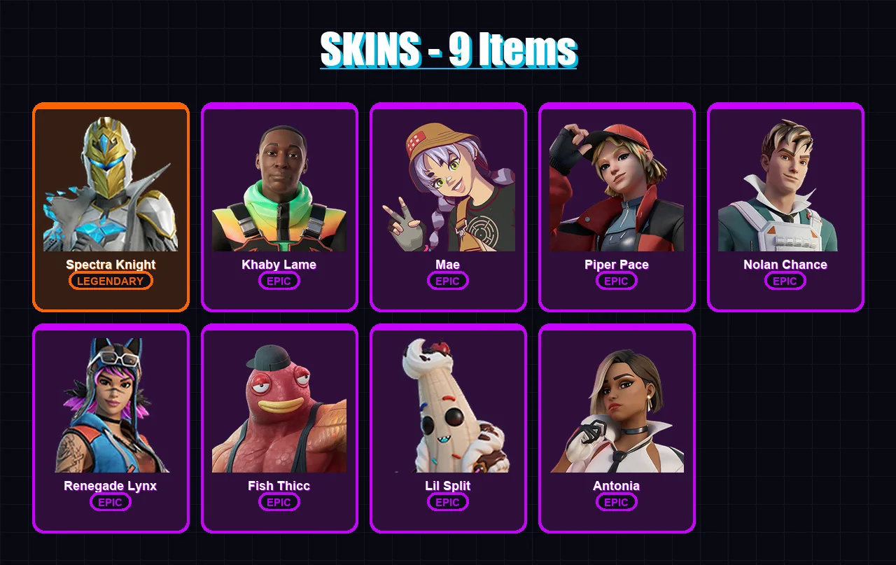 [PC/XBOX/PSN] | Spectra Knight | Khaby Lame | Mae | Piper Pace | Nolan Chance | 9 skin | 22 pickaxe | 15 emote | 23 glider | Lv301