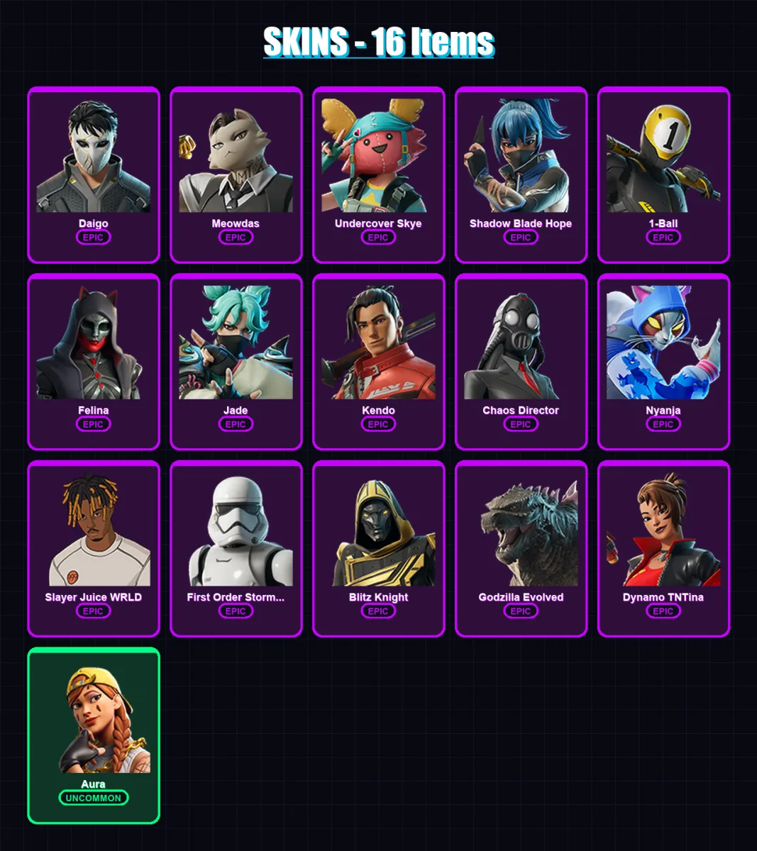 [PC/XBOX/PSN] | Daigo | Meowdas | Undercover Skye | Shadow Blade Hope | 1-Ball | 16 skin | 46 pickaxe | 23 emote | 31 glider | Lv382