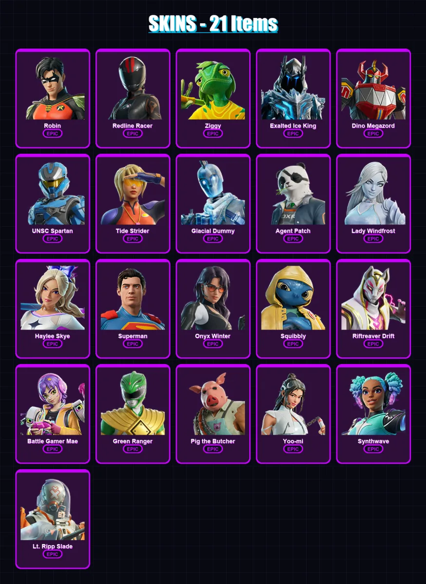 [PC/PSN] | Robin | Redline Racer | Ziggy | Exalted Ice King | Dino Megazord | 21 skin | 40 pickaxe | 30 emote | 28 glider | Lv253