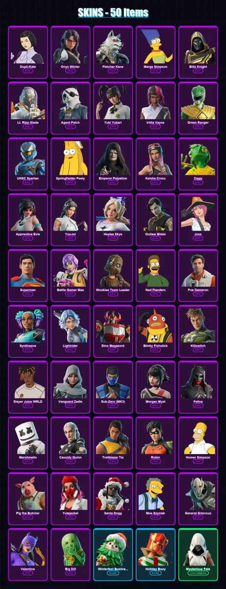 [PC/XBOX/PSN] | Dupli-Kate | Onyx Winter | Fletcher Kane | Marge Simpson | Blitz Knight | 50 skin | 116 pickaxe | 72 emote | 79 glider | Lv2102