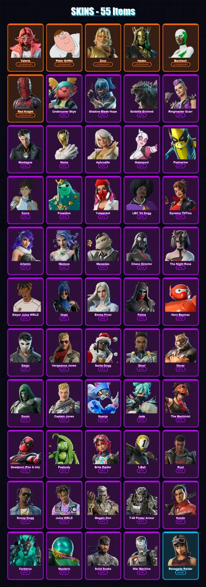 [PC] | Valeria | Peter Griffin | Zeus | Hades | Backlash | 55 skin | 104 pickaxe | 72 emote | 69 glider | Lv1228