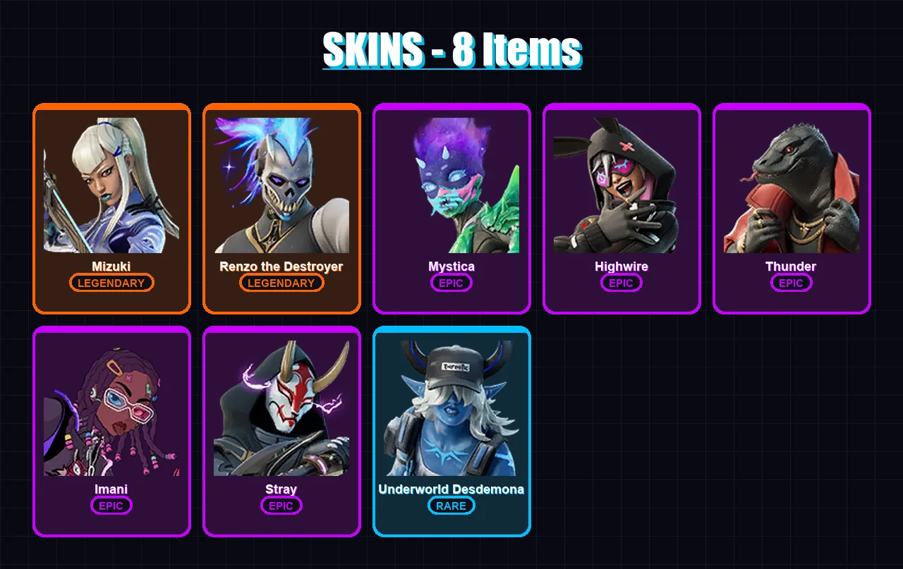 [PC/XBOX/PSN] | Mizuki | Renzo the Destroyer | Mystica | Highwire | Thunder | 8 skin | 11 pickaxe | 12 emote | 12 glider | Lv130
