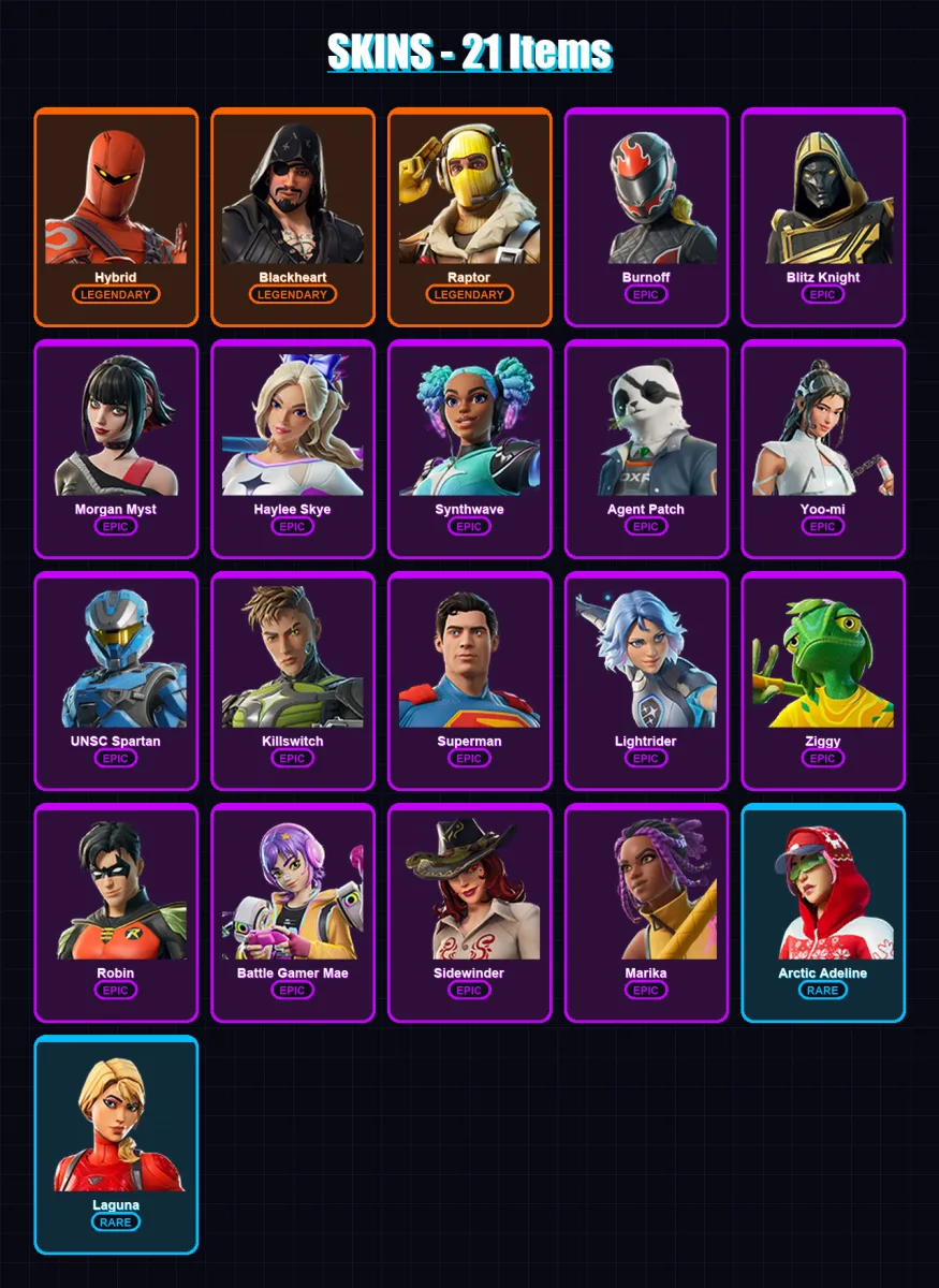 [PC/XBOX] | Hybrid | Blackheart | Raptor | Burnoff | Blitz Knight | 21 skin | 39 pickaxe | 29 emote | 31 glider | Lv457