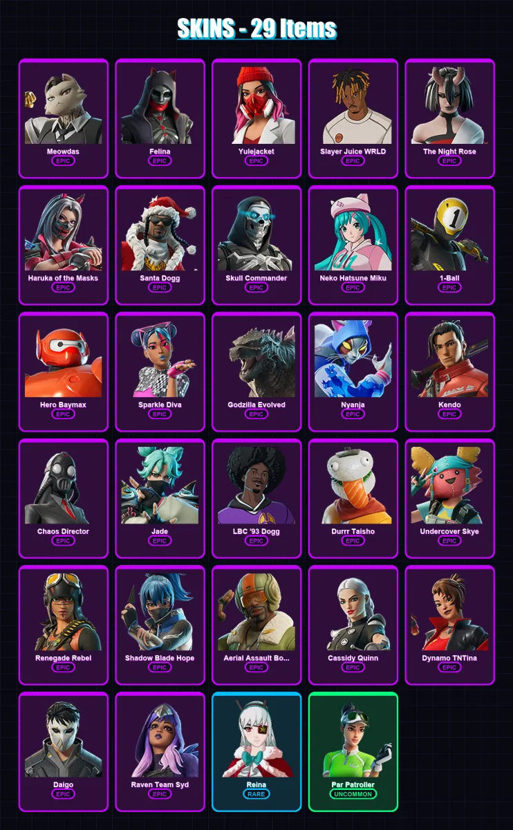 [PC/PSN] | Meowdas | Felina | Yulejacket | Slayer Juice WRLD | The Night Rose | 29 skin | 47 pickaxe | 28 emote | 26 glider | Lv346