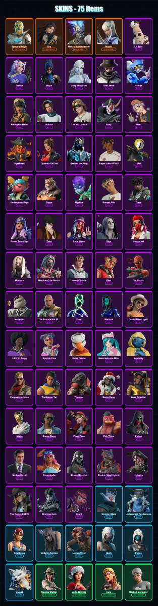 [PC/XBOX/PSN] | Spectra Knight | Era | Renzo the Destroyer | Mizuki | Lil Split | 75 skin | 89 pickaxe | 48 emote | 49 glider | Lv503