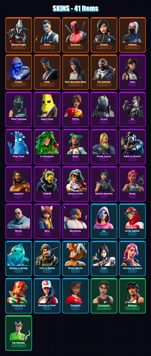 [PC/XBOX/PSN] | Eternal Knight | Midas | Deadpool | Sorana | Catalyst | 41 skin | 43 pickaxe | 65 emote | 51 glider | Lv1002