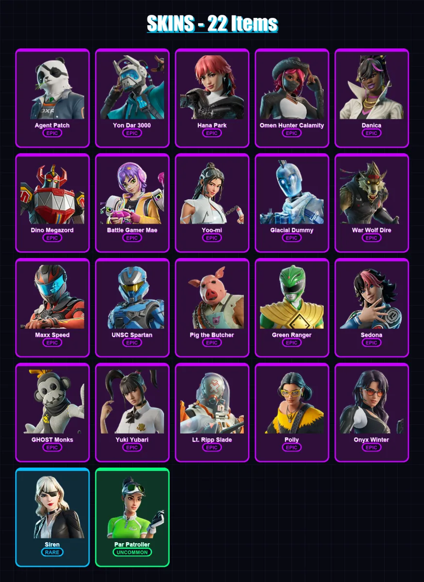 [PC/XBOX/PSN] | Agent Patch | Yon Dar 3000 | Hana Park | Omen Hunter Calamity | Danica | 22 skin | 50 pickaxe | 25 emote | 27 glider | Lv233