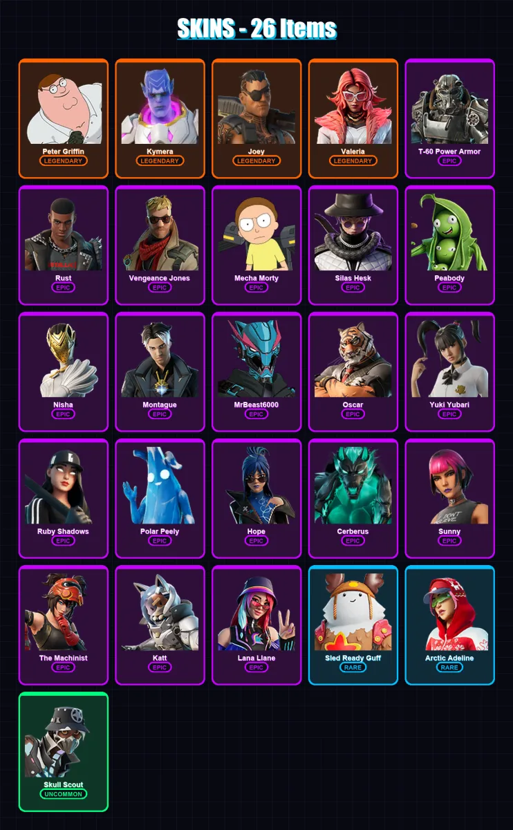 [PC/PSN] | Peter Griffin | Kymera | Joey | Valeria | T-60 Power Armor | 26 skin | 36 pickaxe | 20 emote | 32 glider | Lv398