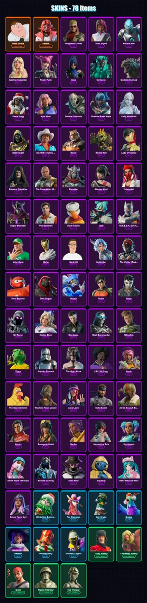 [PS4/PS5/XBOX/PC] | Peter Griffin | Valeria | Vengeance Jones | Iridia Vayne | Reboot Man | 78 skin | 92 pickaxe | 78 emote | 55 glider | Lv584