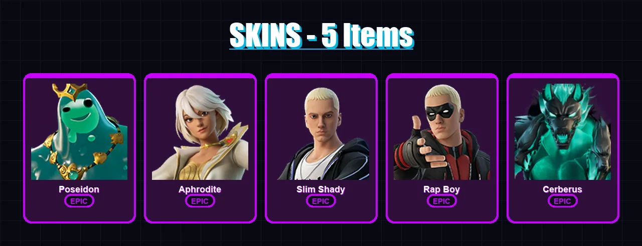 [PC/XBOX/PSN] | Poseidon | Aphrodite | Slim Shady | Rap Boy | Cerberus | 5 skin | 10 pickaxe | 7 emote | 10 glider | Lv108