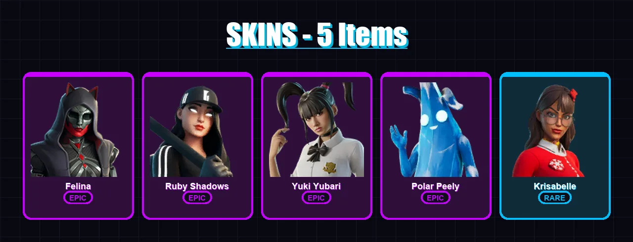 [PC/XBOX/PSN] | Felina | Ruby Shadows | Yuki Yubari | Polar Peely | Krisabelle | 5 skin | 48 pickaxe | 26 emote | 34 glider | Lv636