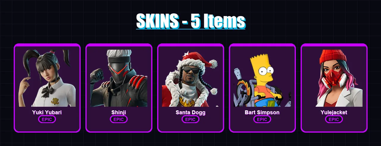 [PC/XBOX] | Yuki Yubari | Shinji | Santa Dogg | Bart Simpson | Yulejacket | 5 skin | 19 pickaxe | 7 emote | 11 glider | Lv57