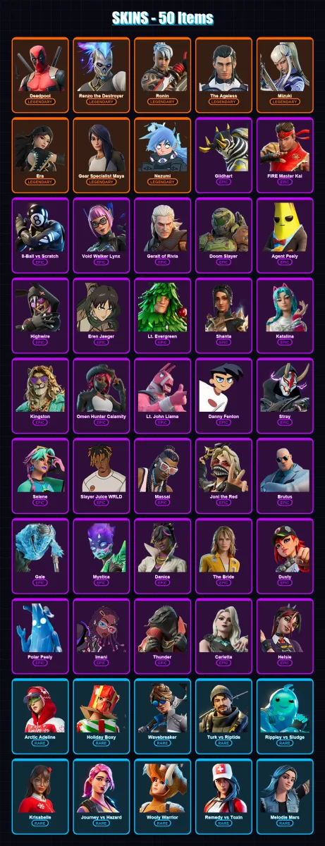 [SWITCH/PC] | Deadpool | Renzo the Destroyer | Ronin | The Ageless | Mizuki | 50 skin | 62 pickaxe | 48 emote | 53 glider | Lv631