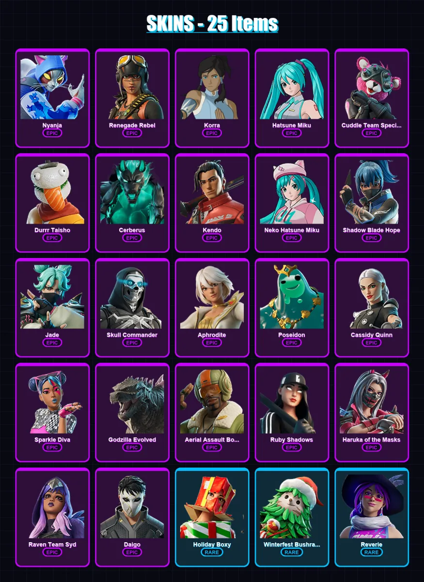[PC] | Nyanja | Renegade Rebel | Korra | Hatsune Miku | Cuddle Team Specialist | 25 skin | 31 pickaxe | 26 emote | 27 glider | Lv249