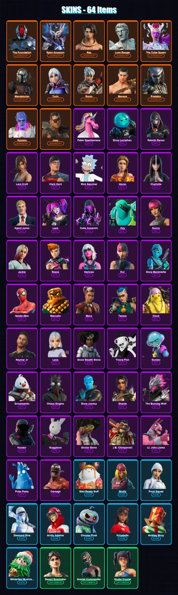 [PC/XBOX/PSN] | The Foundation | Spire Assassin | Raz | Love Ranger | The Cube Queen | 64 skin | 66 pickaxe | 58 emote | 65 glider | Lv1389