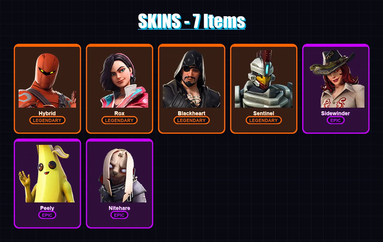 [PC/XBOX/PSN] | Hybrid | Rox | Blackheart | Sentinel | Sidewinder | 7 skin | 5 pickaxe | 7 emote | 6 glider | Lv83