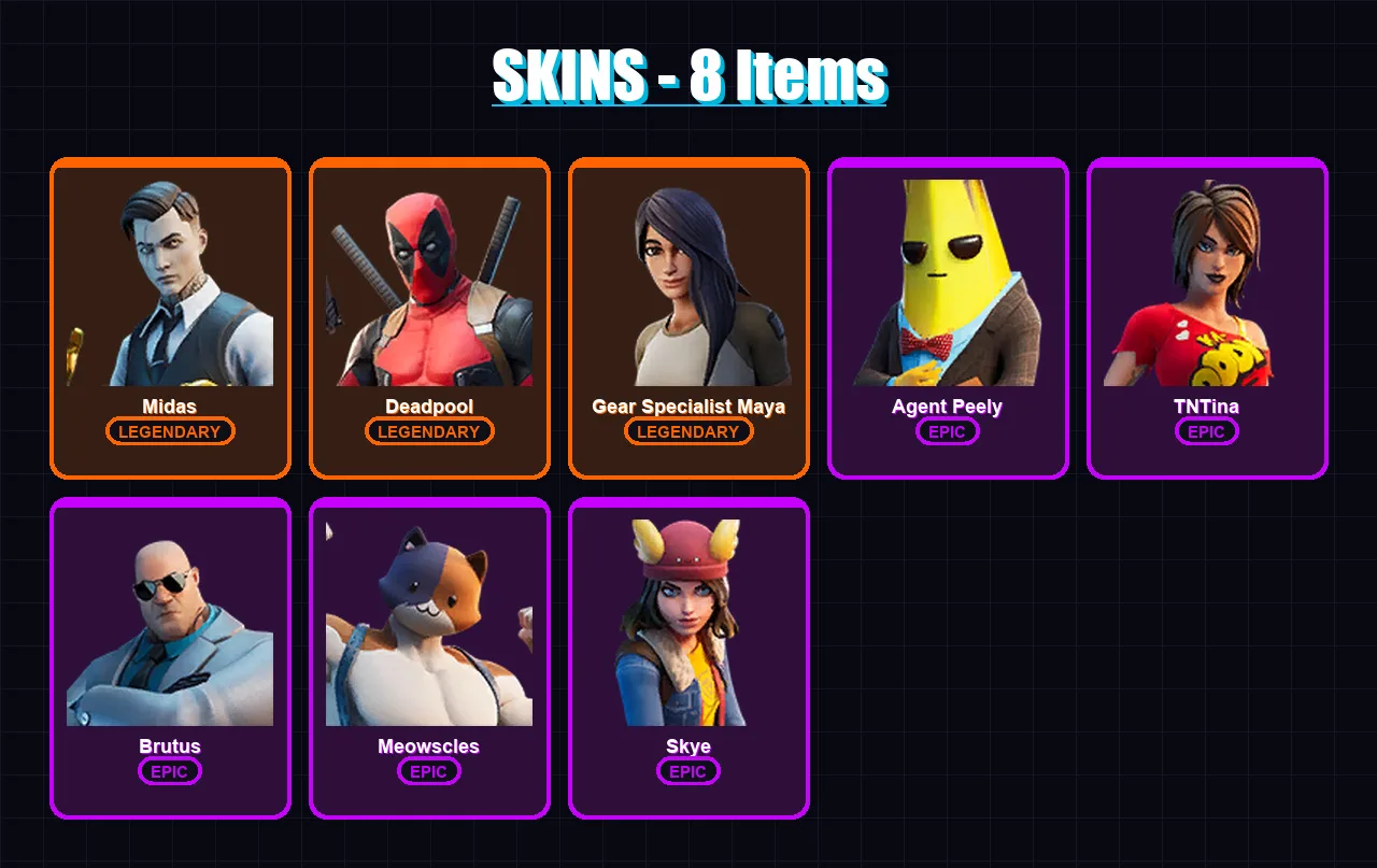 [PC/XBOX/PSN] | Midas | Deadpool | Gear Specialist Maya | Agent Peely | TNTina | 8 skin | 31 pickaxe | 21 emote | 22 glider | Lv341