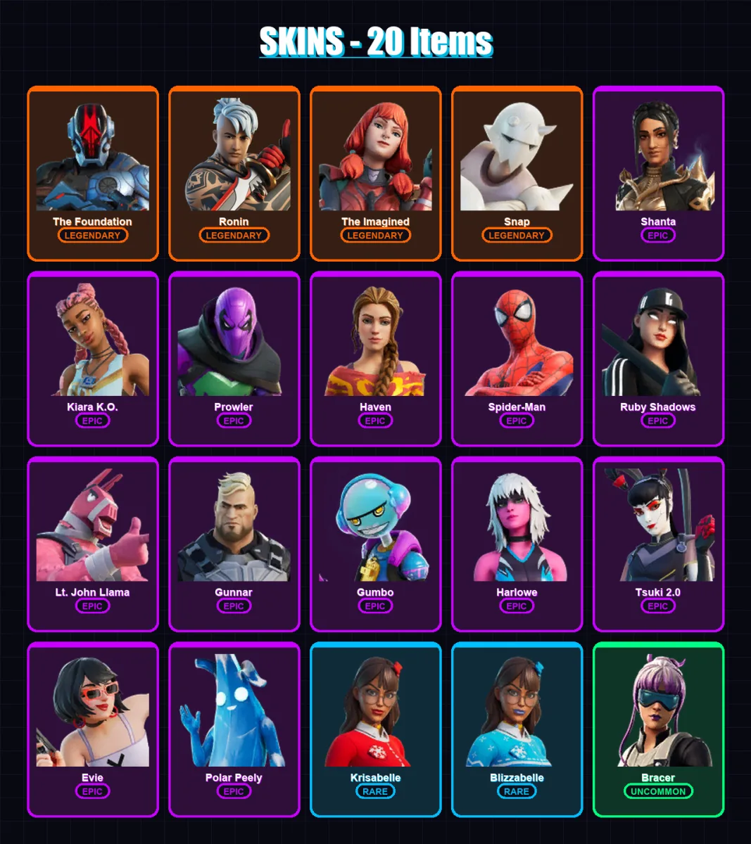 [PC/XBOX] | The Foundation | Ronin | The Imagined | Snap | Shanta | 20 skin | 35 pickaxe | 20 emote | 28 glider | Lv353