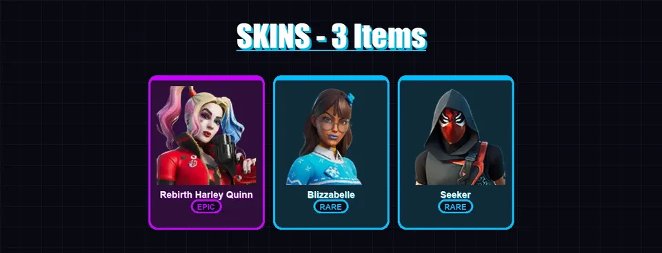 [PC/XBOX/PSN] | Rebirth Harley Quinn | Blizzabelle | Seeker | 3 skin | 10 pickaxe | 8 emote | 7 glider | Lv85 — main preview