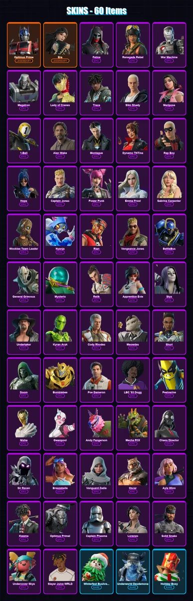 [PC/XBOX/PSN] | Optimus Prime | Era | Felina | Renegade Rebel | War Machine | 60 skin | 78 pickaxe | 53 emote | 41 glider | Lv509