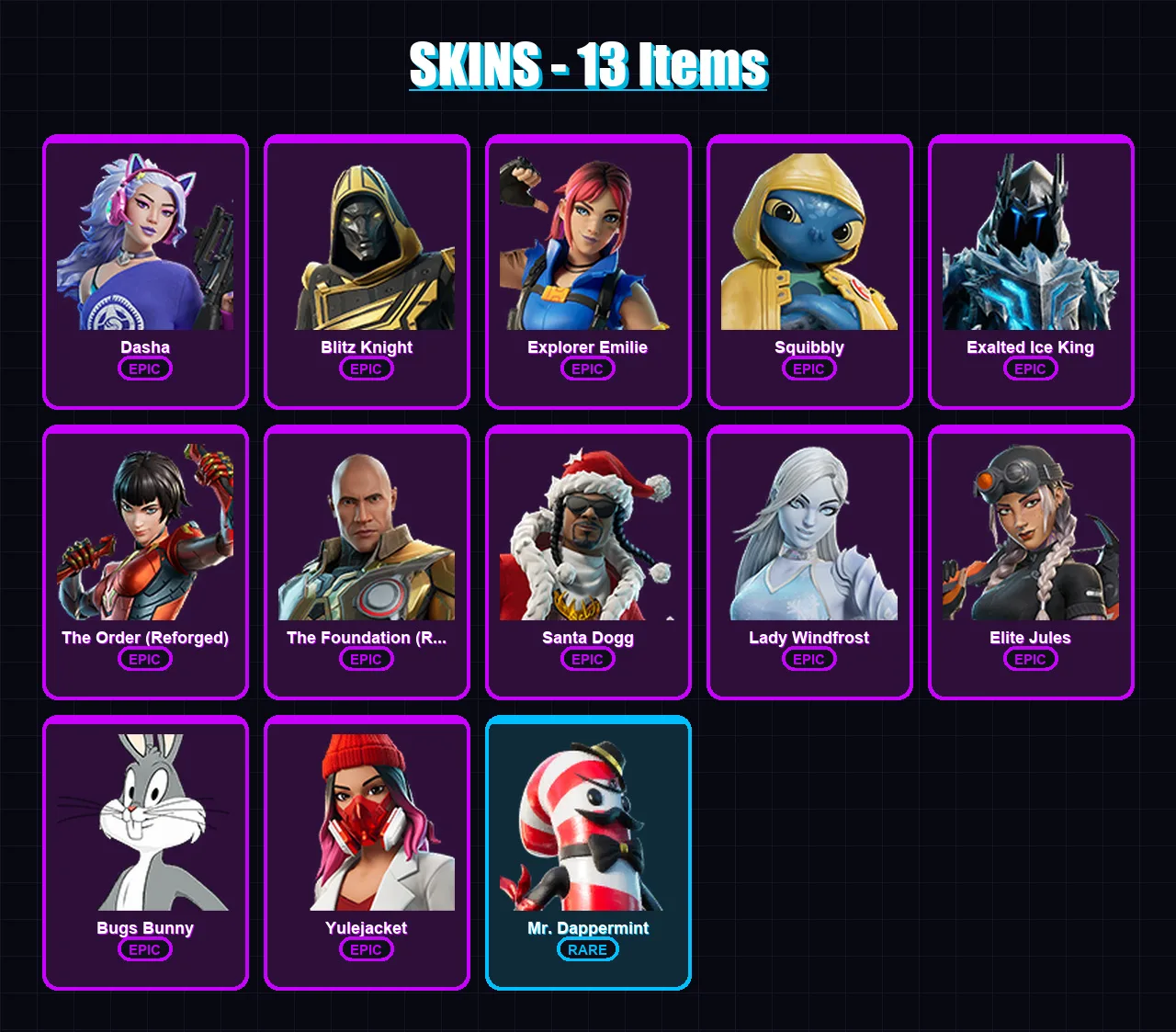 [PC/XBOX/PSN] | Dasha | Blitz Knight | Explorer Emilie | Squibbly | Exalted Ice King | 13 skin | 46 pickaxe | 22 emote | 33 glider | Lv382