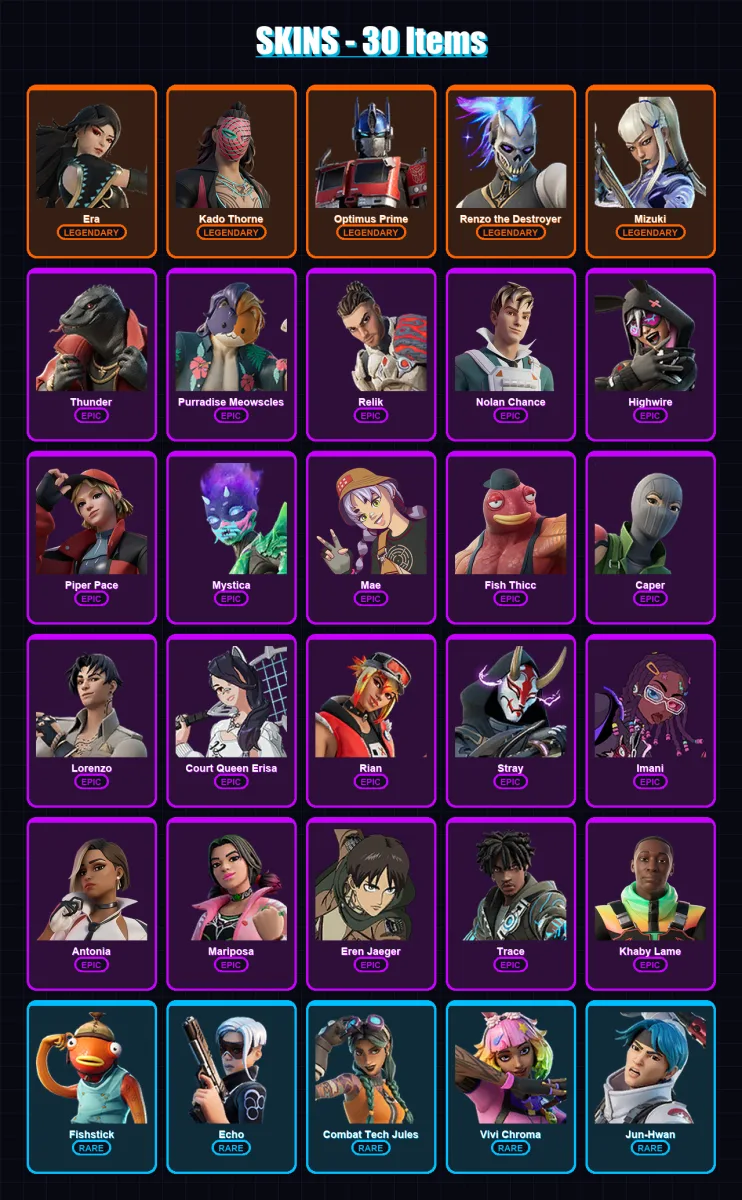 [PS4/PS5/PC] | Era | Kado Thorne | Optimus Prime | Renzo the Destroyer | Mizuki | 30 skin | 28 pickaxe | 24 emote | 27 glider | Lv394