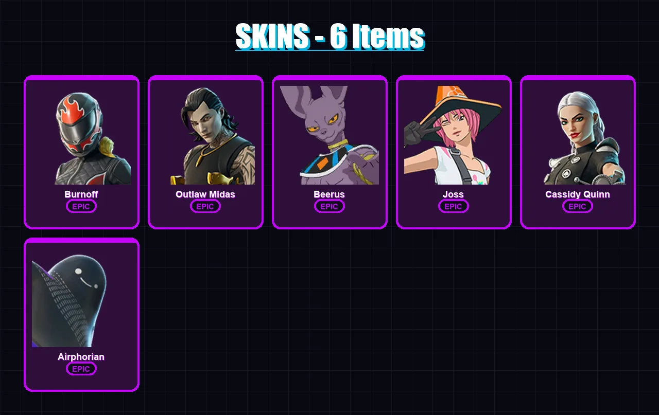[PC/XBOX/PSN] | Burnoff | Outlaw Midas | Beerus | Joss | Cassidy Quinn | 6 skin | 9 pickaxe | 7 emote | 5 glider | Lv37