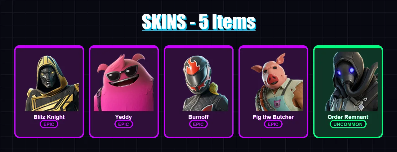 [PC/XBOX] | Blitz Knight | Yeddy | Burnoff | Pig the Butcher | Order Remnant | 5 skin | 33 pickaxe | 12 emote | 19 glider | Lv211