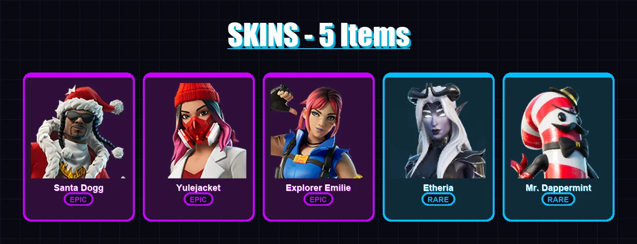 [PC/XBOX/PSN] | Santa Dogg | Yulejacket | Explorer Emilie | Etheria | Mr. Dappermint | 5 skin | 12 pickaxe | 6 emote | 12 glider | Lv131
