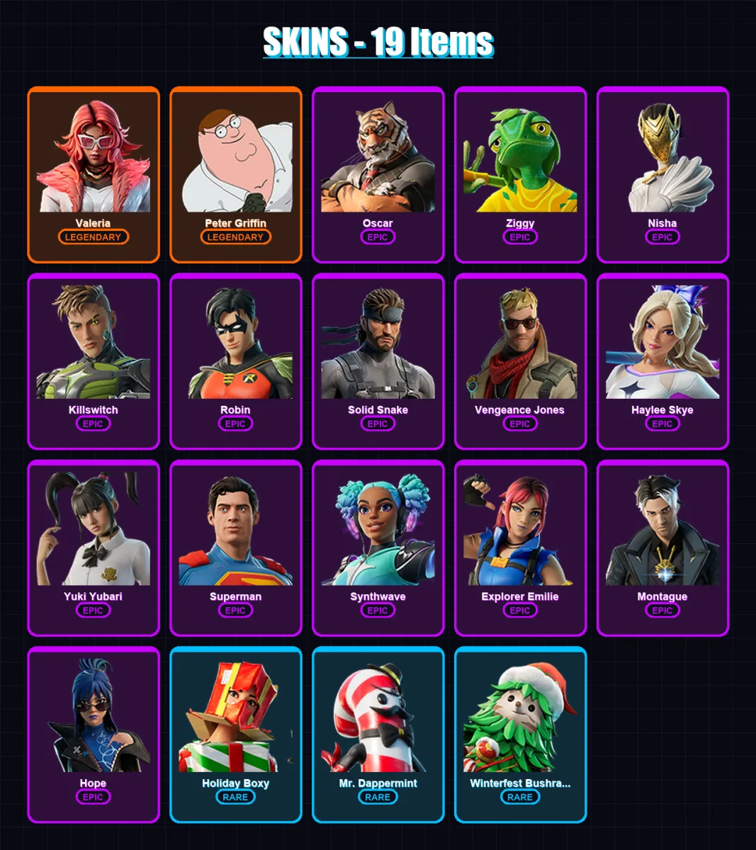 [PS4/PS5/XBOX/PC] | Valeria | Peter Griffin | Oscar | Ziggy | Nisha | 19 skin | 33 pickaxe | 26 emote | 33 glider | Lv382