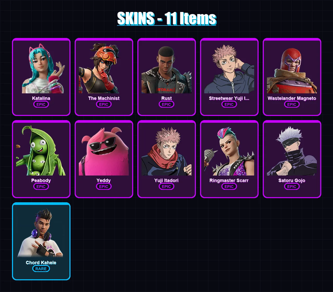 [PC/PSN] | Katalina | The Machinist | Rust | Streetwear Yuji Itadori | Wastelander Magneto | 11 skin | 19 pickaxe | 8 emote | 8 glider | Lv132