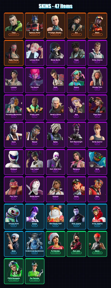 [PC/PSN] | Twyn | Optimus Prime | Paradigm (Reality-659) | Era | Blaze | 47 skin | 55 pickaxe | 41 emote | 41 glider | Lv754