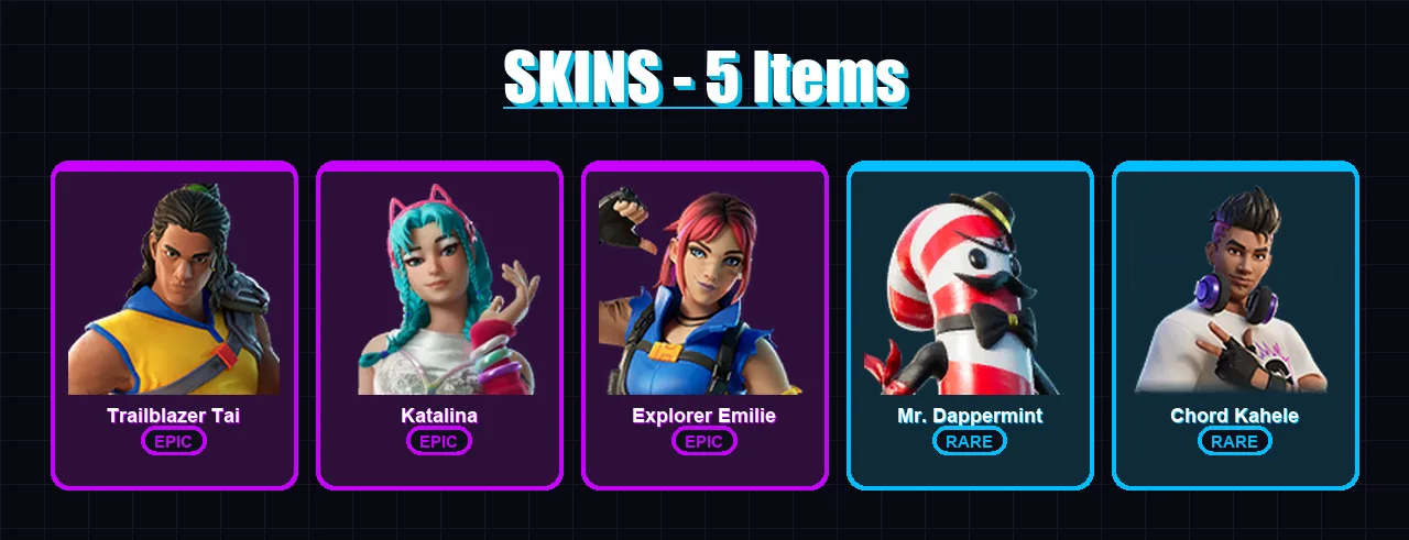[PC/XBOX/PSN] | Trailblazer Tai | Katalina | Explorer Emilie | Mr. Dappermint | Chord Kahele | 5 skin | 5 pickaxe | 3 emote | 4 glider | Lv64