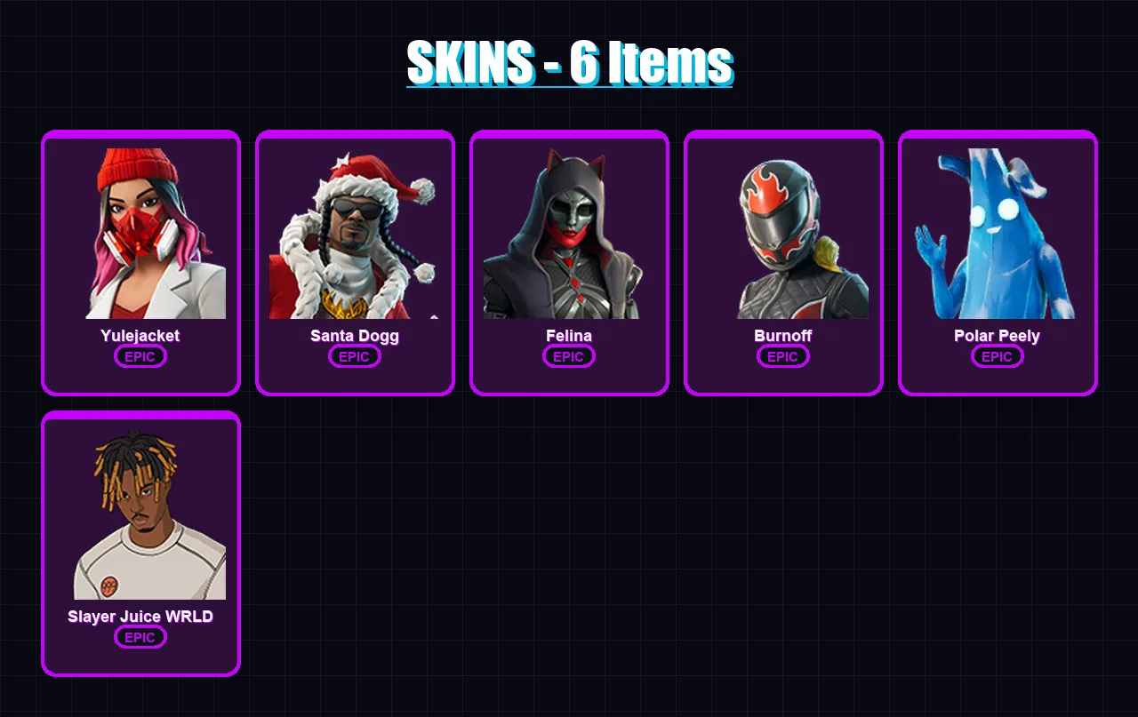 [PS4/PS5/XBOX/PC] | Yulejacket | Santa Dogg | Felina | Burnoff | Polar Peely | 6 skin | 42 pickaxe | 27 emote | 35 glider | Lv1032