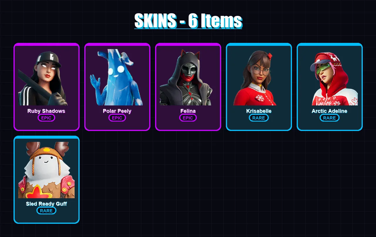 [PC/XBOX/PSN] | Ruby Shadows | Polar Peely | Felina | Krisabelle | Arctic Adeline | 6 skin | 36 pickaxe | 21 emote | 27 glider | Lv447