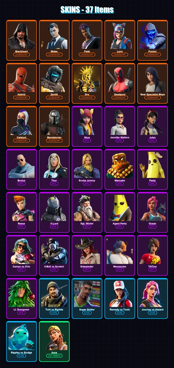 [PC/XBOX/PSN] | Blackheart | Midas | Fade | Lynx | Fusion | 37 skin | 44 pickaxe | 42 emote | 45 glider | Lv573