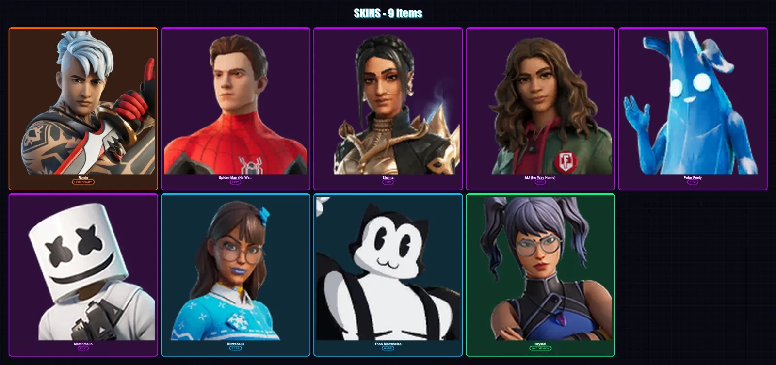 [PC/XBOX/PSN] | Ronin | Spider-Man (No Way Home) | Shanta | MJ (No Way Home) | Polar Peely | 9 skin | 15 pickaxe | 6 emote | 15 glider | Lv163