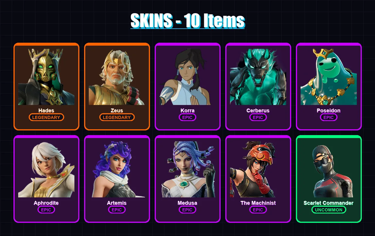 [PC/XBOX/PSN] | Hades | Zeus | Korra | Cerberus | Poseidon | 10 skin | 21 pickaxe | 16 emote | 16 glider | Lv206