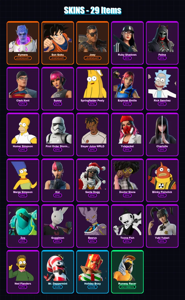 [PC/PSN] | Kymera | Son Goku | Joey | Ruby Shadows | Felina | 29 skin | 62 pickaxe | 35 emote | 45 glider | Lv636