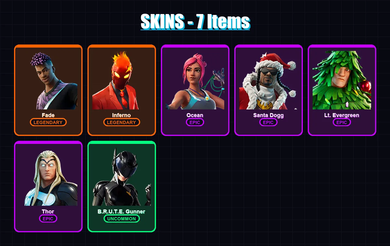 [PC/XBOX] | Fade | Inferno | Ocean | Santa Dogg | Lt. Evergreen | 7 skin | 41 pickaxe | 23 emote | 23 glider | Lv349