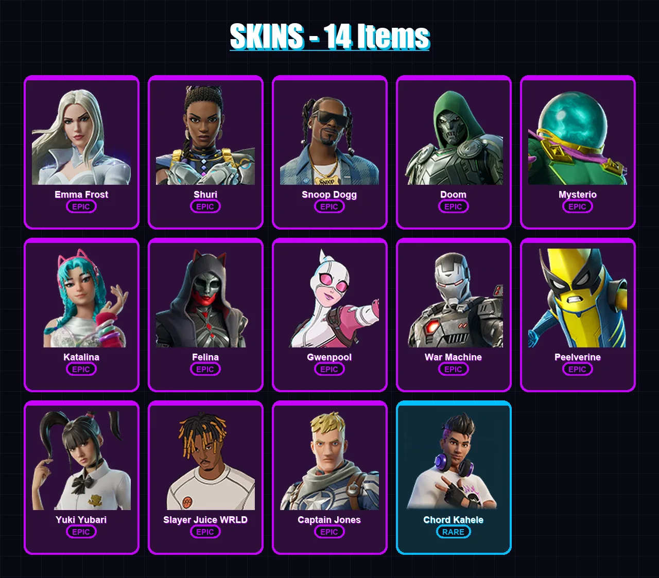[PC/XBOX] | Emma Frost | Shuri | Snoop Dogg | Doom | Mysterio | 14 skin | 23 pickaxe | 14 emote | 15 glider | Lv207