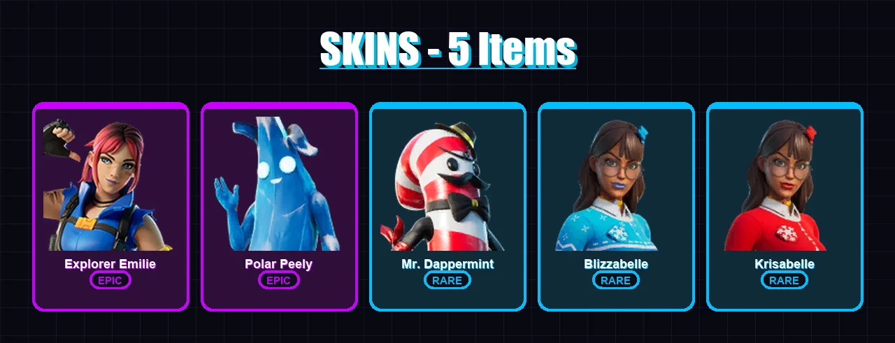 [PC/XBOX/PSN] | Explorer Emilie | Polar Peely | Mr. Dappermint | Blizzabelle | Krisabelle | 5 skin | 11 pickaxe | 13 emote | 16 glider | Lv318