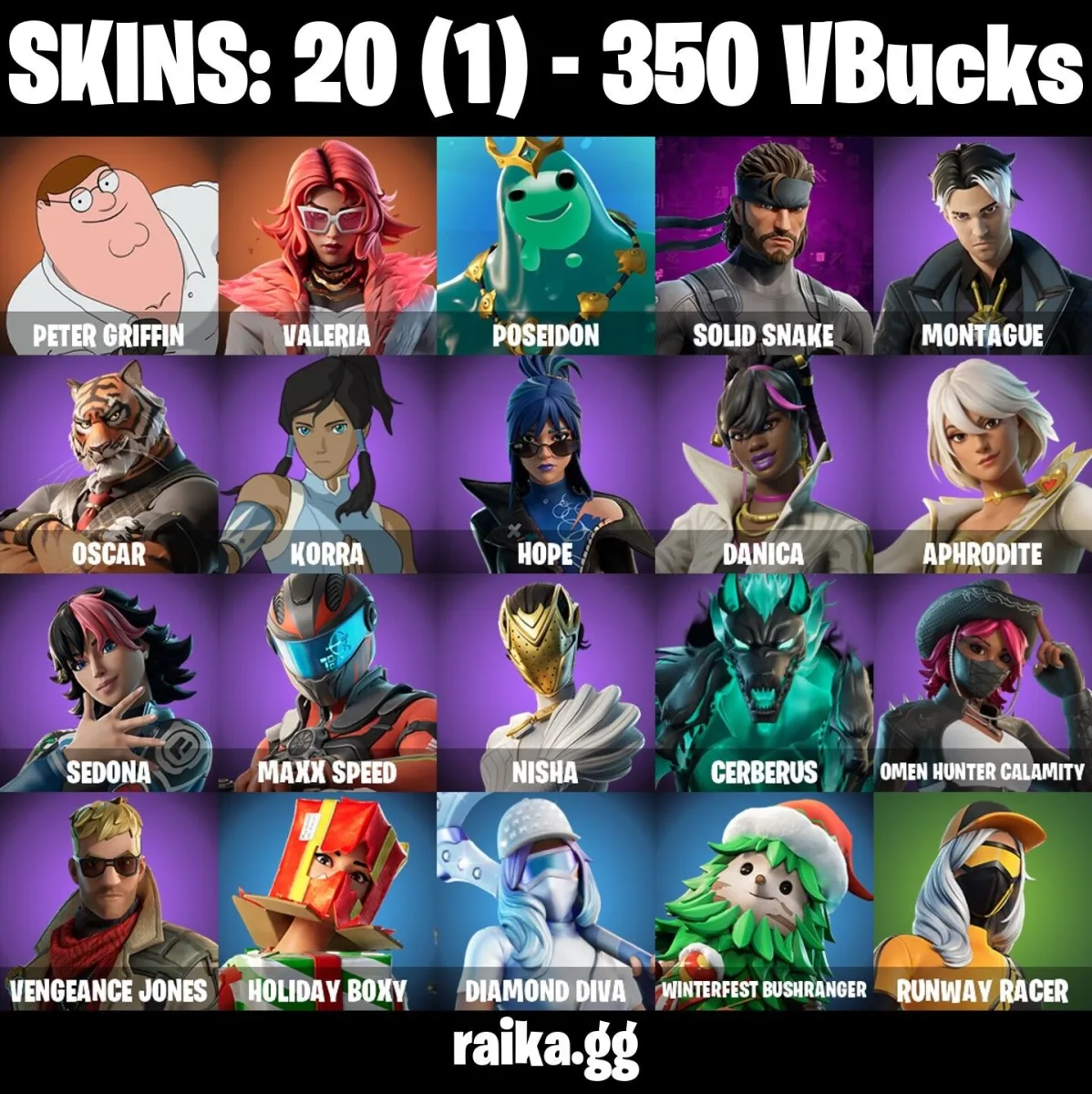 20 skins Peter Griffin | Valeria | Poseidon | Solid Snake | Montague | Oscar | Korra | Hope PSN | PC | Xbox Mail Access Instant Delivery — Fortnite account