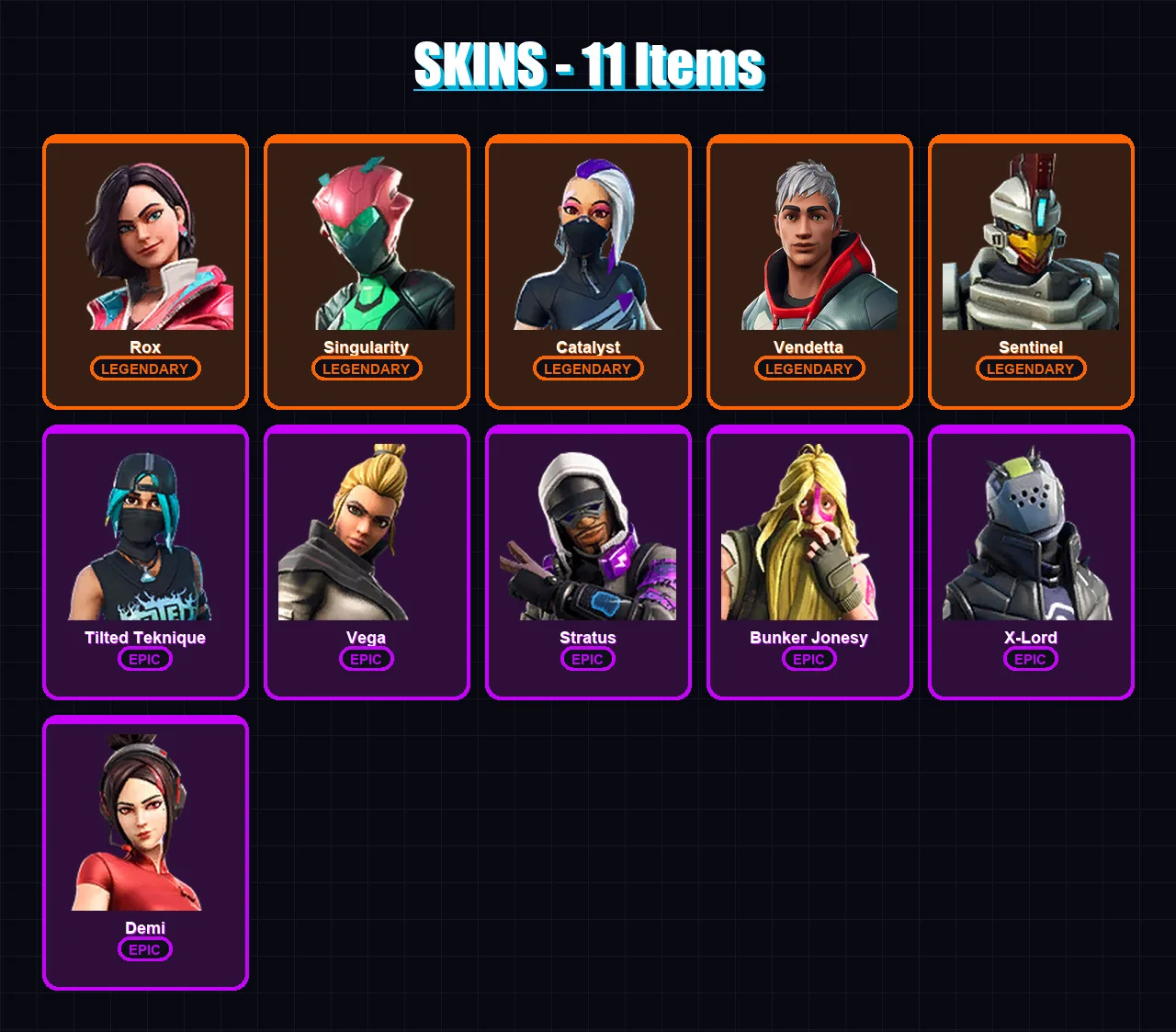 [PC/XBOX/PSN] | Rox | Singularity | Catalyst | Vendetta | Sentinel | 11 skin | 12 pickaxe | 21 emote | 14 glider | Lv261