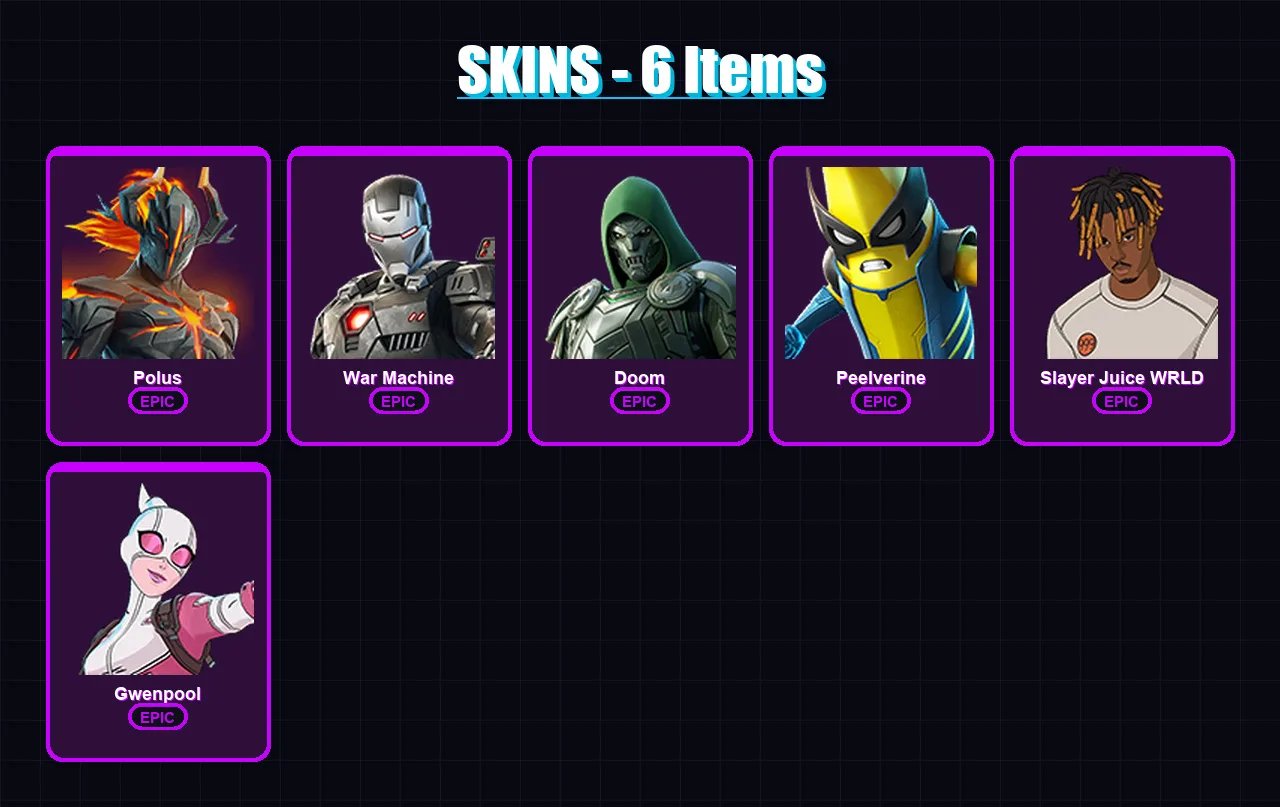 [PC/PSN] | Polus | War Machine | Doom | Peelverine | Slayer Juice WRLD | 6 skin | 7 pickaxe | 5 emote | 8 glider | Lv42
