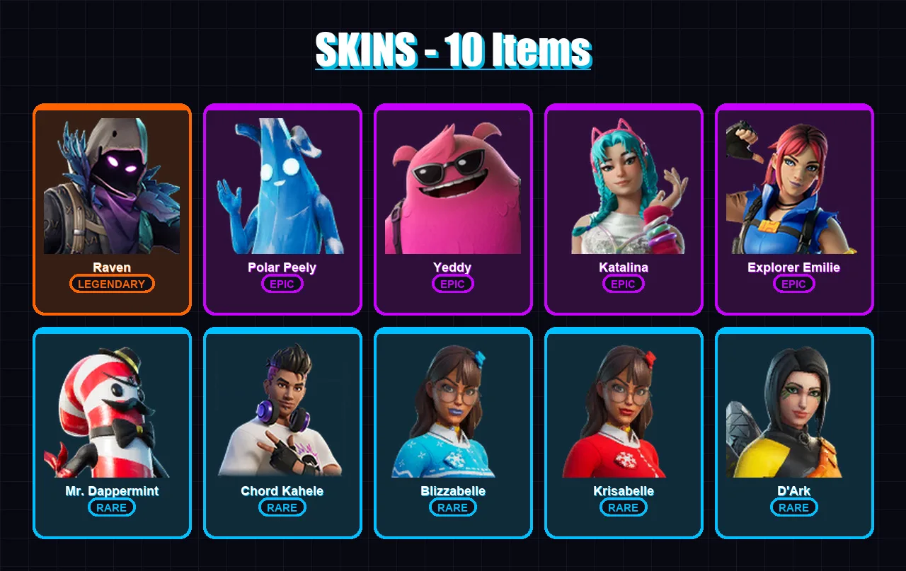 [PC/PSN] | Raven | Polar Peely | Yeddy | Katalina | Explorer Emilie | 10 skin | 32 pickaxe | 13 emote | 19 glider | Lv270