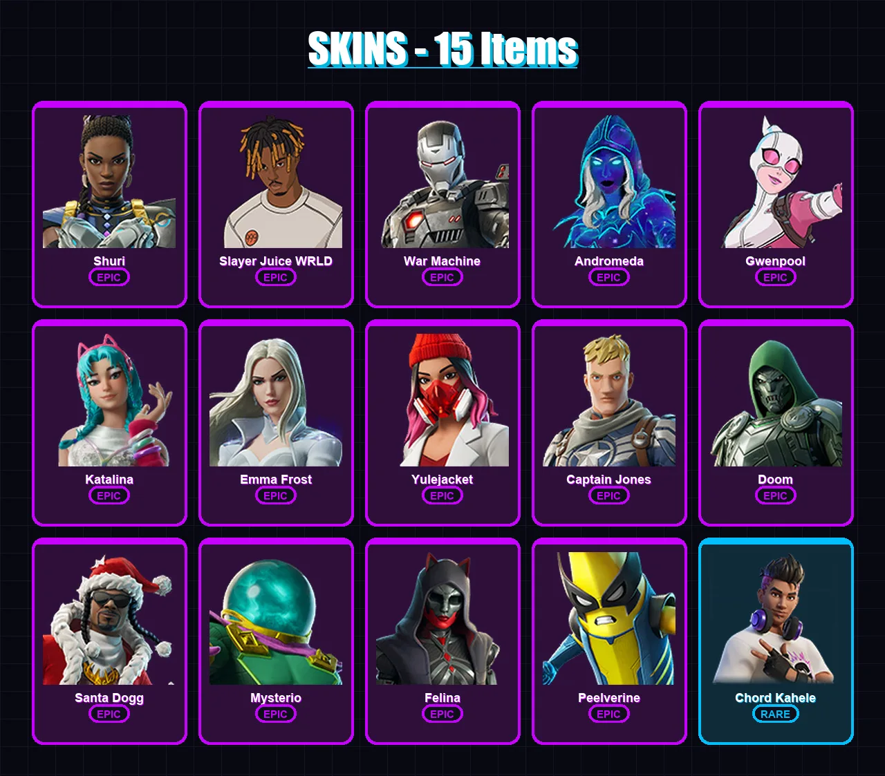 [PC/XBOX/PSN] | Shuri | Slayer Juice WRLD | War Machine | Andromeda | Gwenpool | 15 skin | 60 pickaxe | 29 emote | 39 glider | Lv872