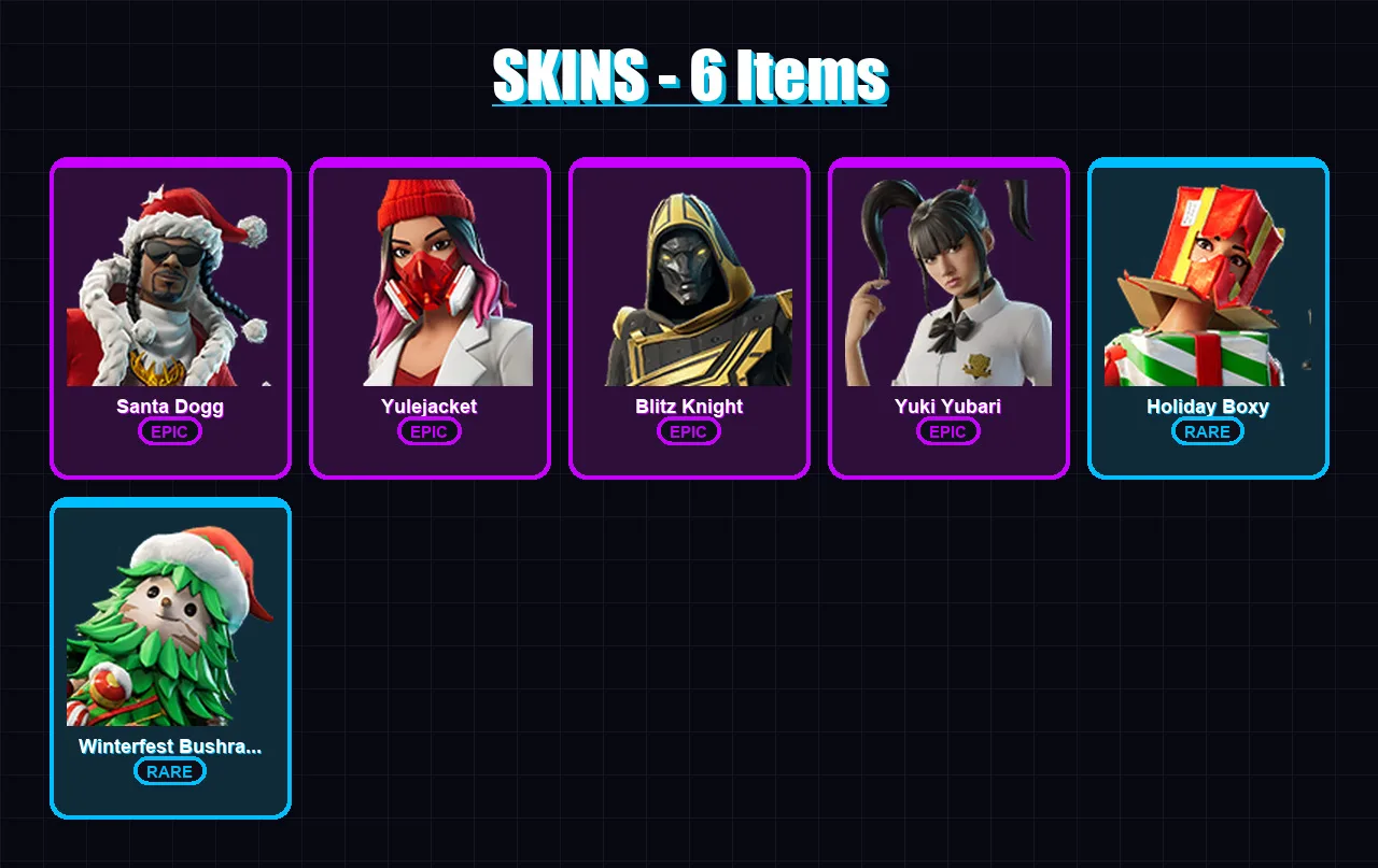 [PS4/PS5/XBOX/PC] | Santa Dogg | Yulejacket | Blitz Knight | Yuki Yubari | Holiday Boxy | 6 skin | 49 pickaxe | 15 emote | 30 glider | Lv345