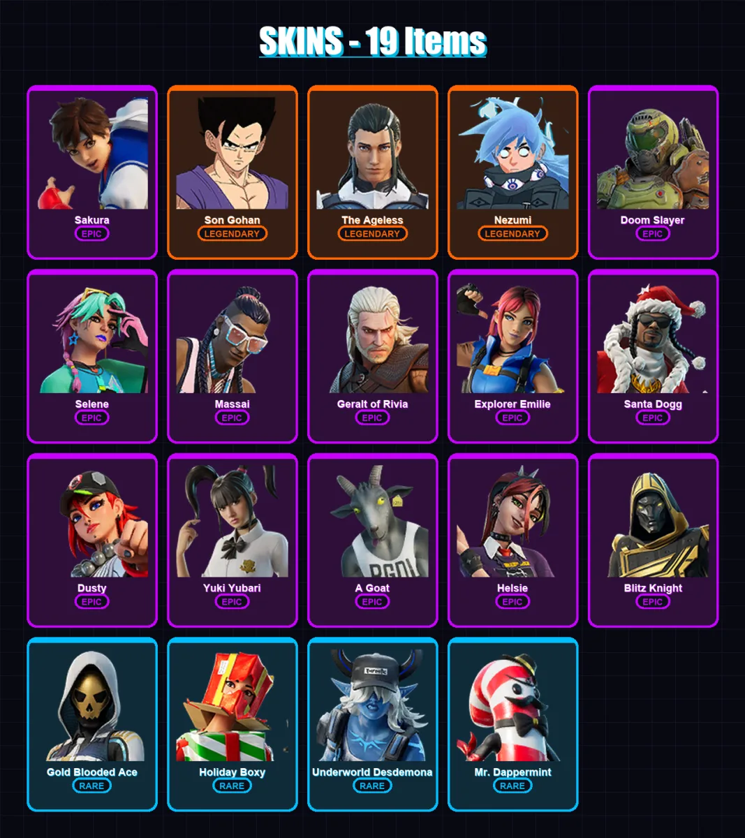 [PS4/PS5/XBOX/PC] | Sakura | Son Gohan | The Ageless | Nezumi | Doom Slayer | 19 skin | 57 pickaxe | 30 emote | 48 glider | Lv687 — Fortnite account