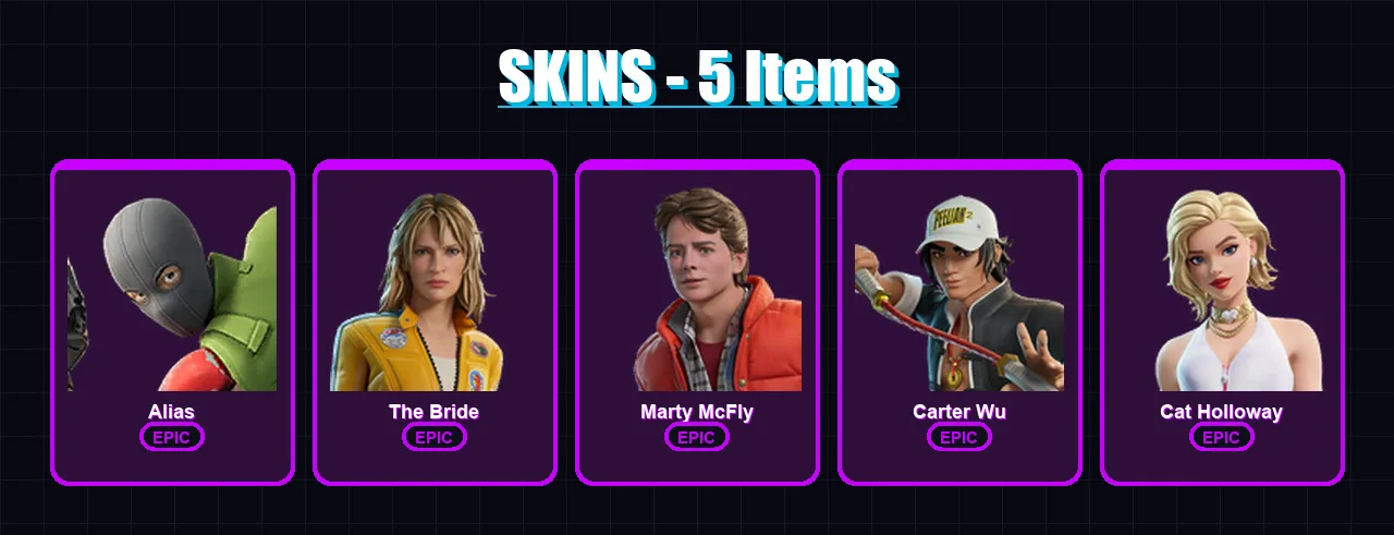 [PC/PSN] | Alias | The Bride | Marty McFly | Carter Wu | Cat Holloway | 5 skin | 12 pickaxe | 9 emote | 10 glider | Lv108